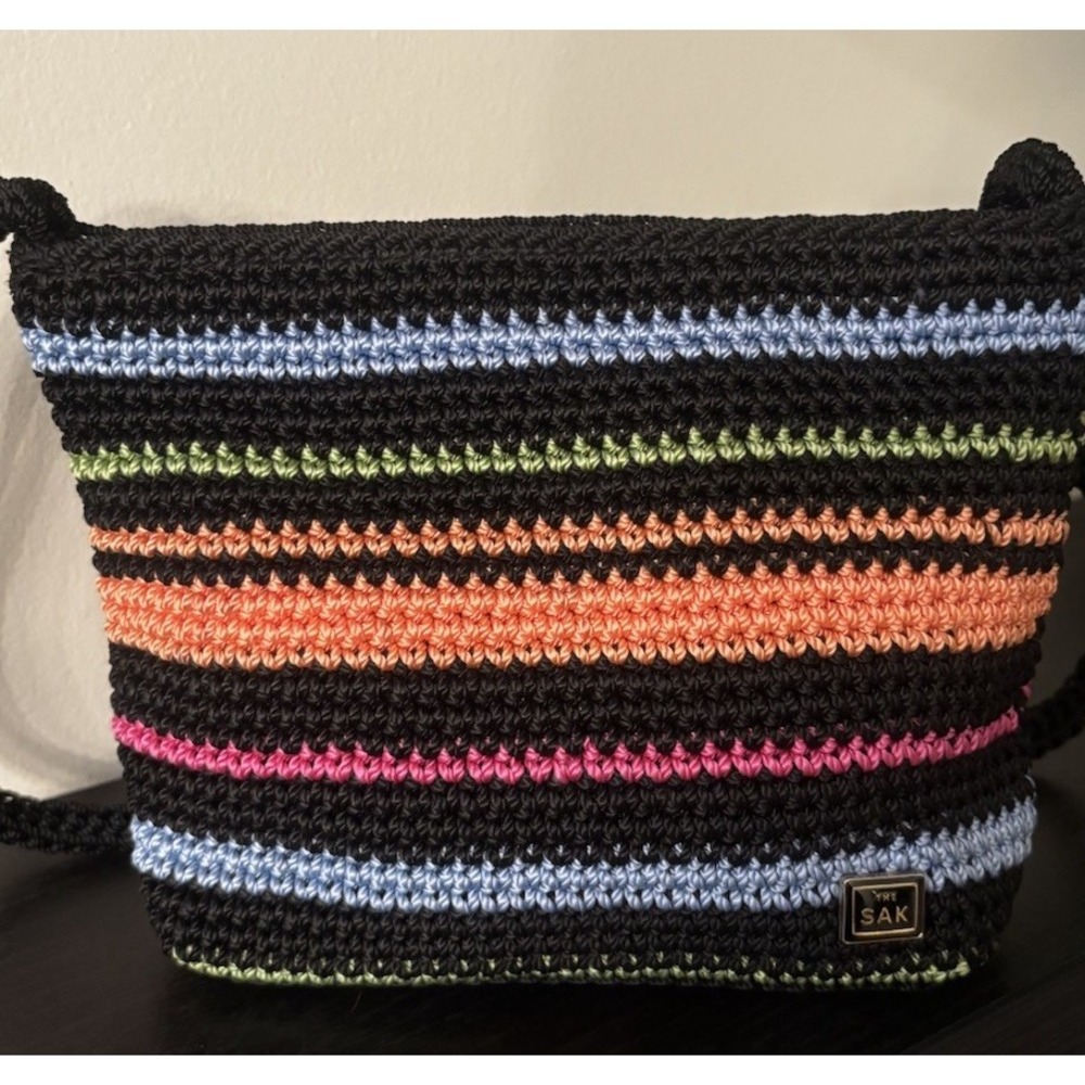 Theβ Sak Rainbow Multicolor Crochet Boho Zip Mini Bag Purse Bohemian Vintage Y2K